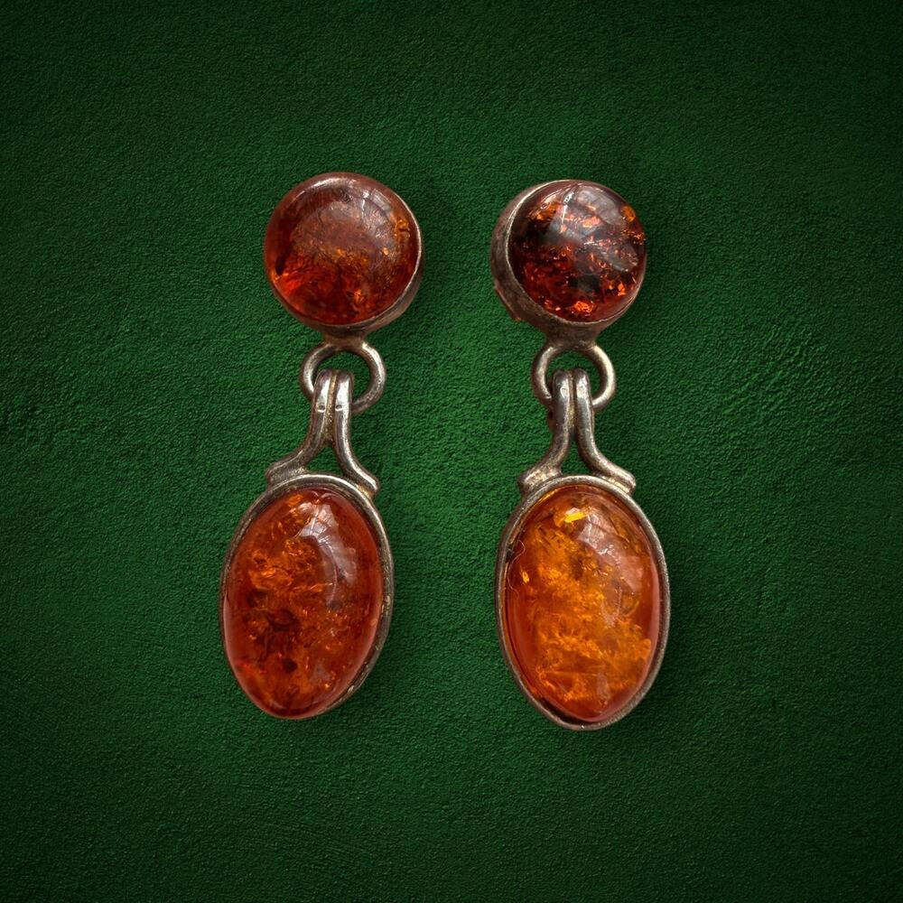 Real Natural Amber Sterling Silver drop Earrings Marked 925